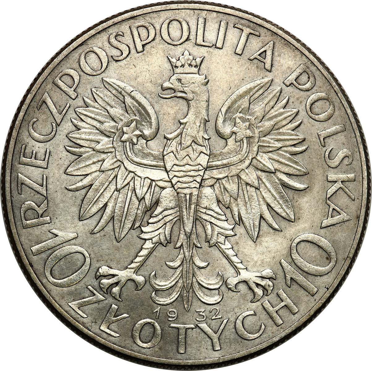 PRÓBA. Głowa kobiety 10 złotych 1932 – 8 znaków mennicy – UNIKAT